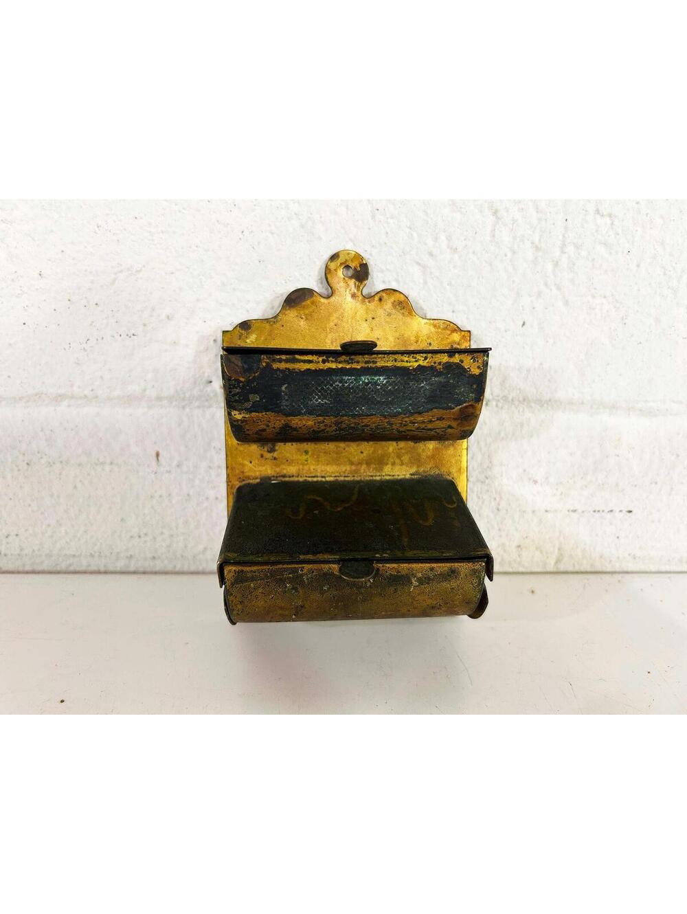 Vintage Gold Metal Match Safe Antique Tin Rustic Industrial Decor Kitchen Brass